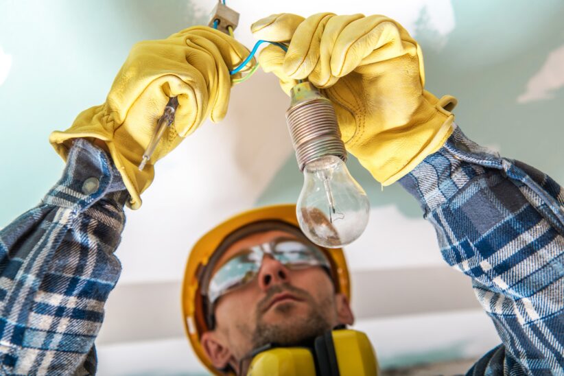 Electrician Checking Cables in a Lighting System to Fix a Bug